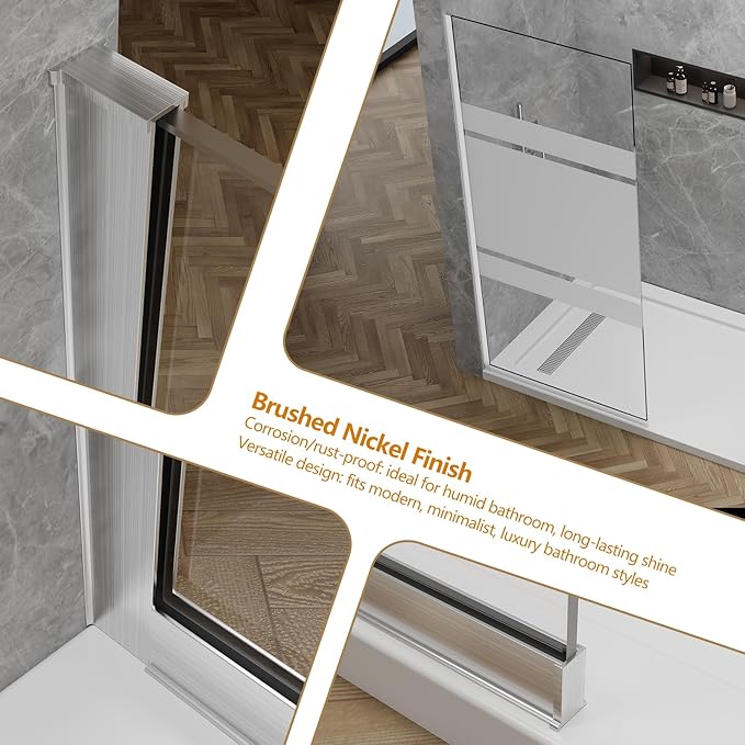 36"x76" Fixed Glass Shower Door, 3/8"(10mm) Thick Mid-Band Frosted Privacy Tempered Glass, Frameless Shower Glass Panel, Shower Screen Half Wall for Walk in Shower, Brushed Nickle