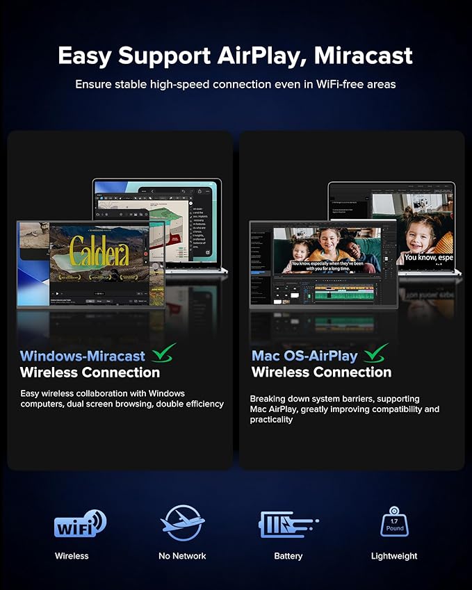 EVICIV Wireless Portable Monitor with 8000mAh Battery, 15.6" Wireless Monitor, Support AirPlay, Miracast Laptop Display, USB-C & HDMI & VESA, Travel Second Screen for Laptop, Computer, Game Consoles