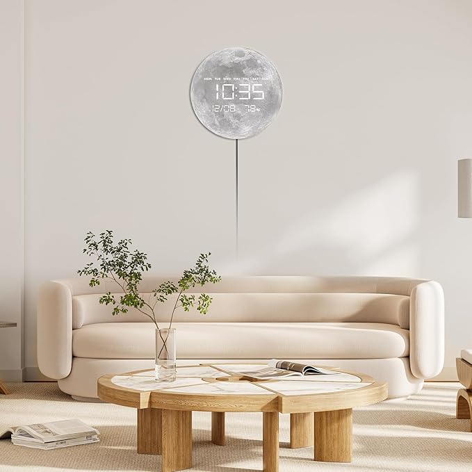 HOMLOVE Digital Wall Clock with Large LED Display, Moon Modern Electric Wall Clock [Plug-in] for All Room, Home, Office, (Moon, 12.59 INCH)
