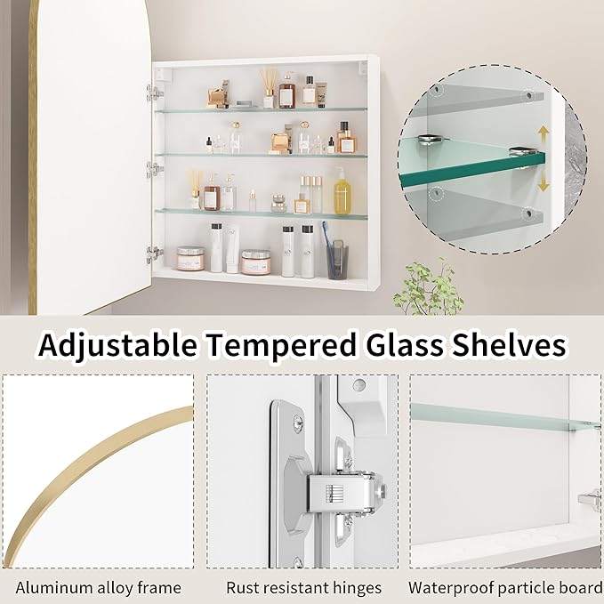 Gold Medicine Cabinet with Mirror,Bathroom Arched Medicine Cabinet Wall Mounted,Modern Vanity Mirror with Storage,Bathroom Storage Cabinet with Adjustable Shelves,Not Recessed,24x36 Inch
