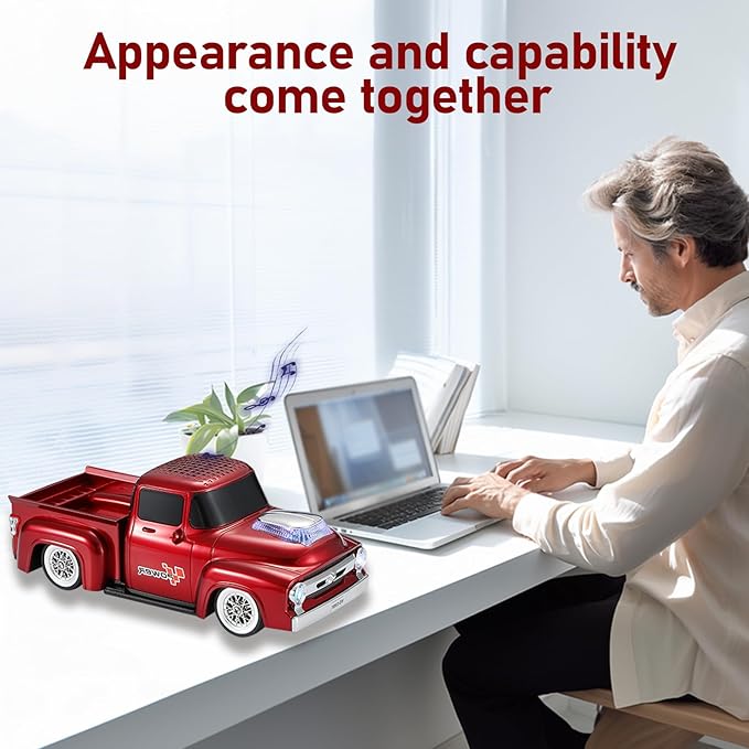 WSTER WS-538 Retro Pickup Truck Bluetooth Replica Speaker – Portable Wireless Car Model Speaker with FM, TWS, LED Party Lights, USB/TF Playback, Built-in Microphone, Type-C, Surprise Gift(Red)