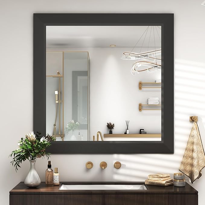 SMIROR Matte Black Bathroom Mirror for Over Sink 30x 30 inch, Metal Thick Frame Rectangle Vanity Mirror for Wall, Anti-Rust, Horizontally or Vertically Mounted