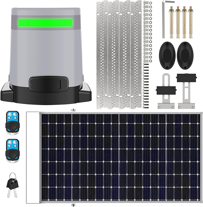 Blütezeit 1400lb Sliding Gate Opener, Solar Power | WiFi Control | Built-in Battery Backup, Rack Driven Automatic Slide Gate Motor with Remote Complete Kits (25W Solar Panel & Racks Incl.)