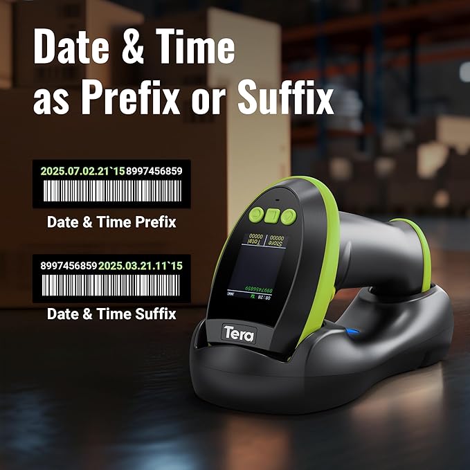 Tera Barcode Scanner Wireless with Screen: Pro Version 1D 2D QR with Setting Keypad Charging Cradle Works with Bluetooth 2.4G Wireless USB Wired Handheld Bar Code Reader HW0009 Green