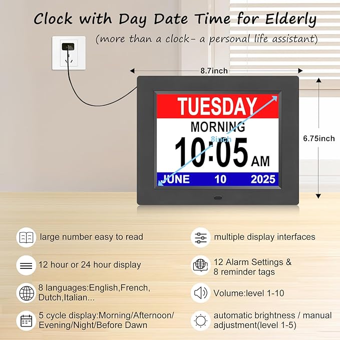 Jaihonda Clock with Date and Time for Elderly Dementia Clock for Seniors 12 Alram Option Large Display Large Number Digital Calendar Day Alzheimers Clocks for Seniors