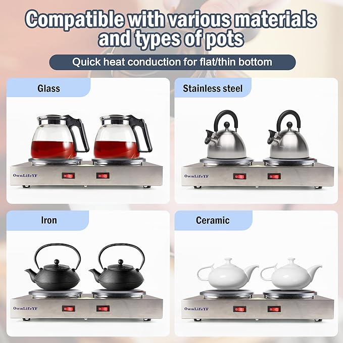 Commercial Double Coffee Carafe Warmer, Stainless Steel, 2 Burners Decanter Warmer Plate,Suitable for Café, Break Room, Buffet, Event and Commercial Use (US Plug 110V)
