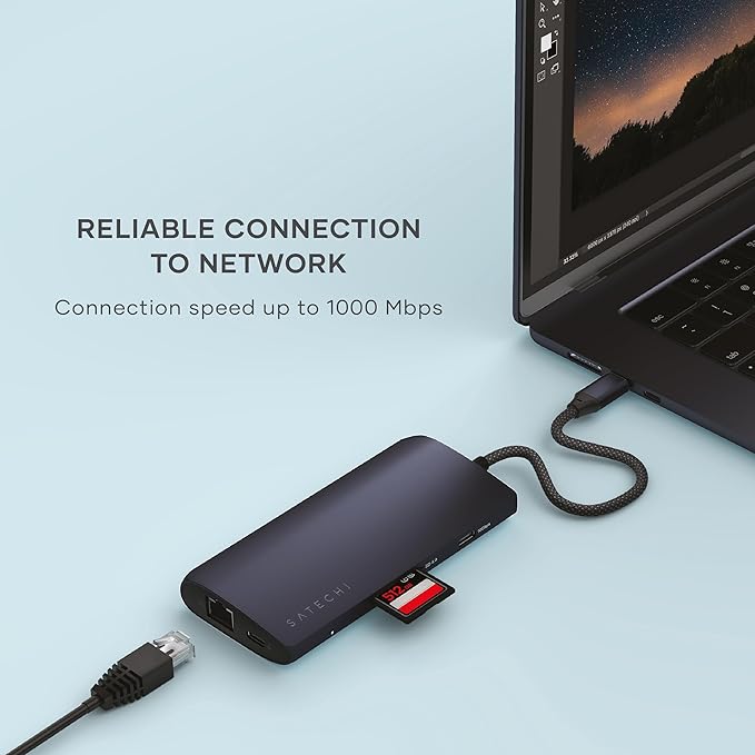 Satechi 8 in 1 USB C Hub Multiport Adapter V3, 8K HDMI, 100W Charging, 4 USB Data Ports, Ethernet, SD Card Reader, for Laptop, for Mac/Windows, MacBook Air/Pro M5/M4, iPad - Midnight