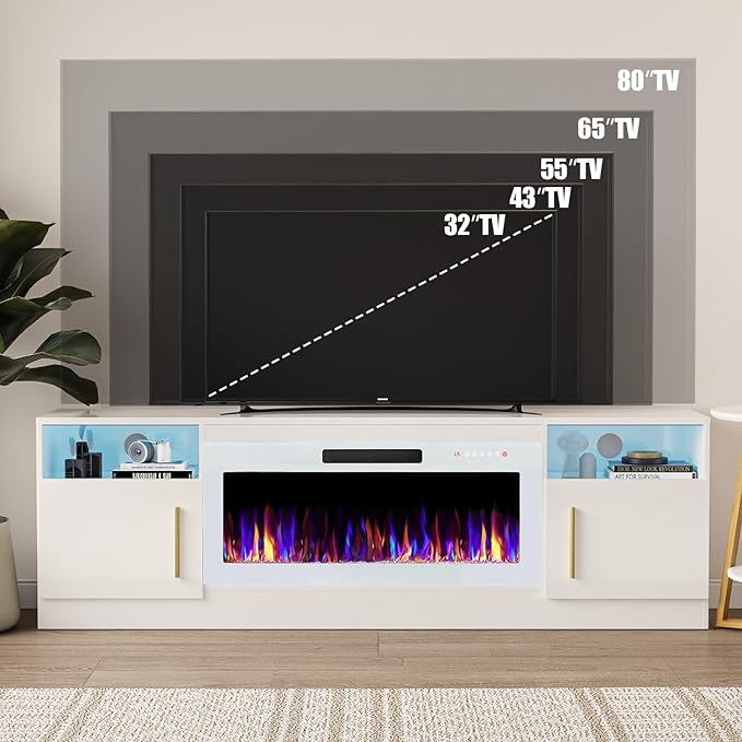 VITESSE TV Stand Fireplace with 36" inch Electric Fireplace Up to 80" TVs, LED Light Entertainment Center, 70" Modern Wood High Gloss with Highlight Storage Cabinet for Living Room (White)