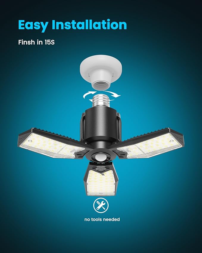 Kryoza Motion Sensor Garage Lights 8000LM, Deformable Motion Activated LED Garage Ceiling Light Bulbs, 3 Modes & 360° Detection, Sensor Lights Bulb Indoor for Workshop/Barn 2-Pack