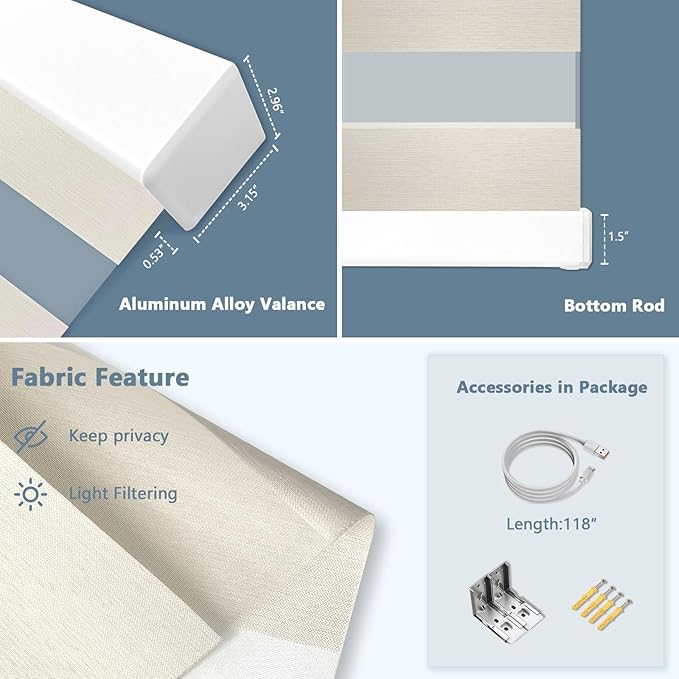 COOLWINDS Motorized Zebra Blinds for Windows Cordless Electric Curtains with Remote Control Blackout Shades Custom Smart Blinds Compatible with Alexa Google Home(Light Filtering Beige,W41 X 72in)