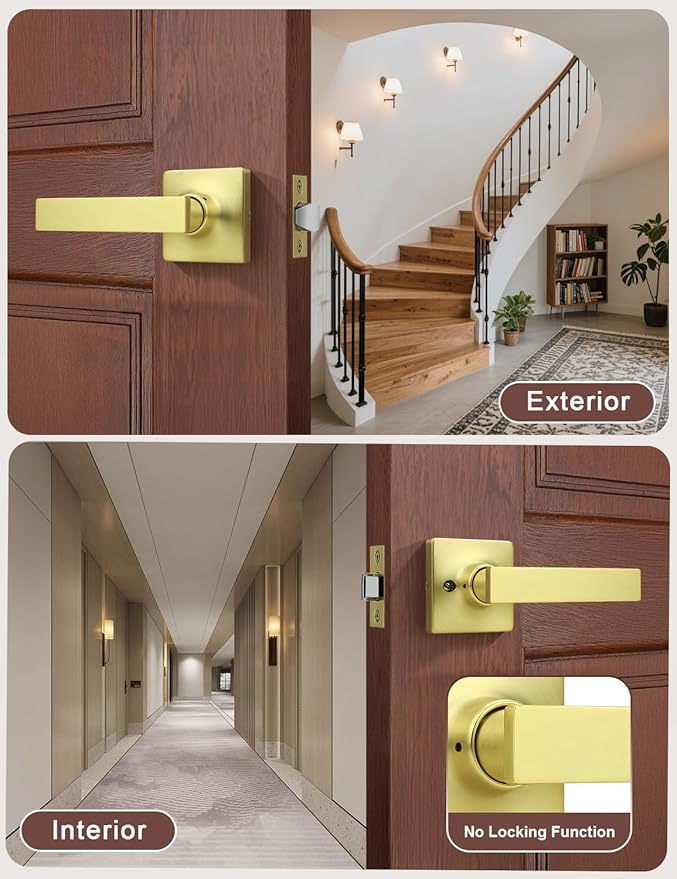 Mengico 6 Pack Passage Door Levers Gold Finish, No-Locking Keyless Square Door Knob, Interior Door Handles for Closet and Hallway, Reversible for Left & Right Handed