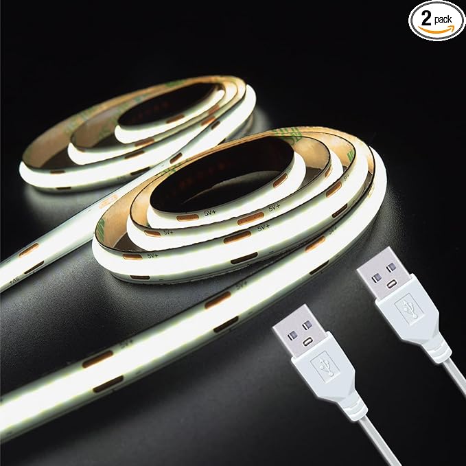 UVTaoYuan LED Strip Lights Set of 2 Pack 3.28FT COB Light Strips USB 5V 6500K Bright White High Density Not Dimmable Short LED Strip for Bedroom Indoor Home Decor Flexible Display Cabinet TV Lighting