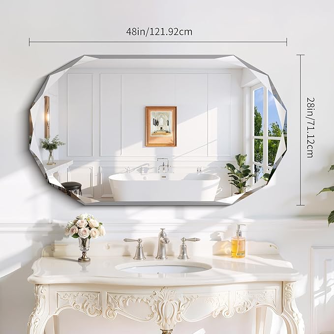 GLASHOM Beveled Edge Frameless Bathroom Mirror, Oval Wall Mirror for Over Sink, 28" x 48" Modern Decorative Vanity Mirror for Bedroom, Living Room, Entryway, Hanging Mirror Horizontal or Vertical