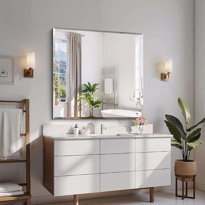 CILIBER Beveled Mirror, 36x36 inch Square Bathroom Mirrors for Wall, 3mm Tempered Glass, Upgraded Shatterproof Frameless Vanity Mirror Over Sink for Bathroom, Bedroom, Living Room and Entryway