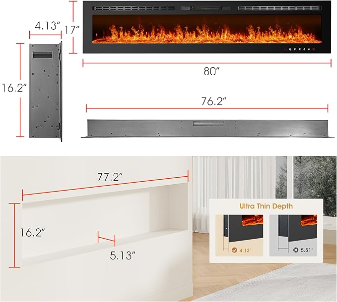 80 inch Ultra-Thin Electric Fireplace Recessed and Wall Mounted with Touch Screen Control Panel/Remote Control- Timer,Realistic 5 Flame - Log & Crystal Hearth Options