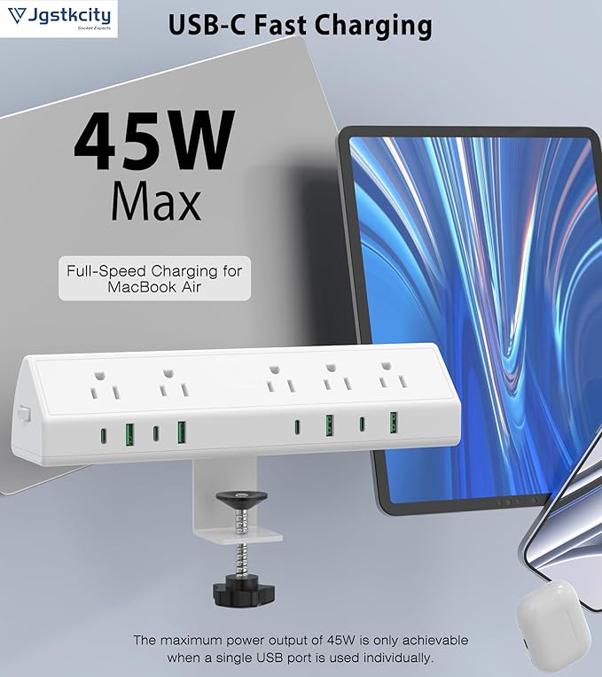 45W Fast Charging Station,Desk Clamp Power Strip,4 PD USB-C Ports,5 AC Outlets,Surge Protector Power Strip, 14AWG Heavy Duty Cord, Fits 1.9" Tabletop Edge (White, 15 FT Cable)