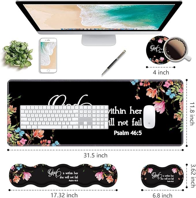 Ergonomic Keyboard Wrist Rest & Mouse Pad Wrist Rest Set,Large Gaming Desk Mat 31.5"x 11.8" with Non-Slip Base,Memory Foam,Easy Typing Pain Relief for Home & Office,Floral Quote Bible Verse Psalm 46:5