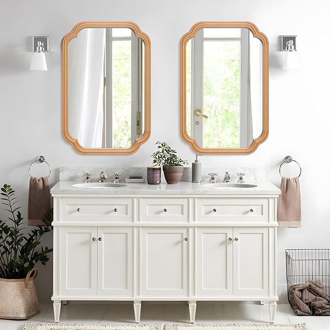 Wood Mirror for Bathroom, 20" x 30" Rectangular Wall Mirror for Bathroom Vanity with Wooden Frame Farmhouse Rounded Corner Wall Mirror Decor (Horizontal/Vertical)