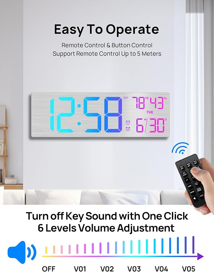 18.5" Large Digital Wall Clock with Remote Control, Big LED Display Digital Clocks with Night Light, Alarm, Countdown, DST, Temp, Date for Living Room, Bedroom, Office, Gift for Seniors(Silver)