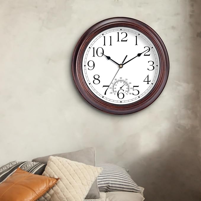 KECYET 8.5 Inch Outdoor Wall Clock with Thermometers, Vintage Silent Wall Clocks Battery Operated, Retro Non-Ticking Clock Decorative for Living Room, Patio, Kitchen, Office, Bathroom, Bedroom(Bronze)