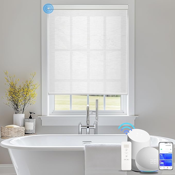 COOLWINDS Motorized Blinds with Remote Cordless Automatic Motorized Shades Custom Blinds for Windows Smart Curtains Compatible with Alexa Google Home(Light Filtering Cloud White,W47 x H72in)