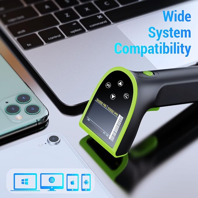 Tera Barcode Scanner Wireless with Screen: Pro Version 1D 2D QR with Digital Setting Keypad Power Switch Charging Cradle Works with Bluetooth 2.4G Wireless Bar Code Reader HW0015 Green