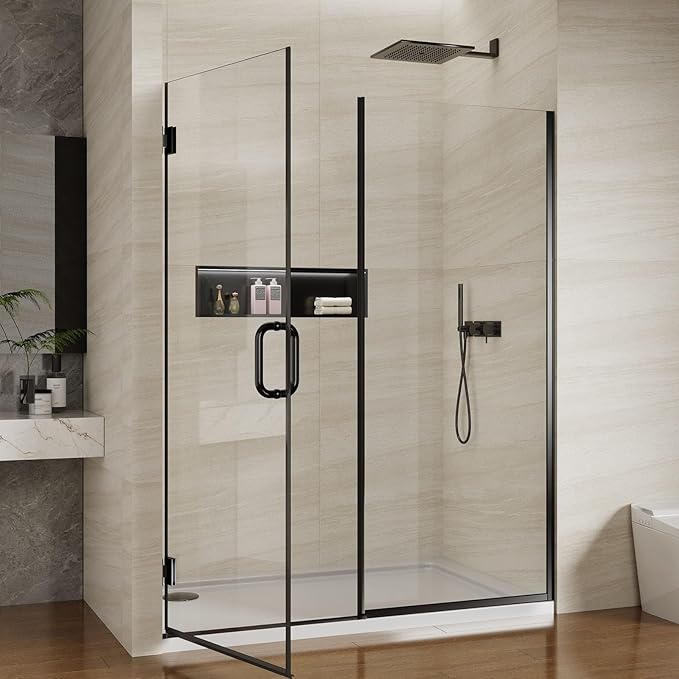 Pivot Swing Shower Door, Adjustable Width 58.9-60" W x 74" H Semi-Frameless Shower Glass Door with 5/16 in (8mm) Clear SGCC Tempered Glass with Nano Easy-Clean Coating (Matte Black)