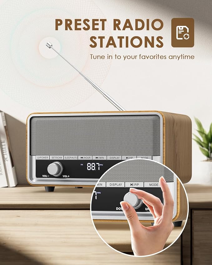 Vintage Wood AM FM Bluetooth Radio with Clock, Digital Clock Radio for Bedroom with LCD Display | 40 Presets | Sleep Timer | No Alarm, Retro Bluetooth Speaker for Office, Kitchen (Wood)