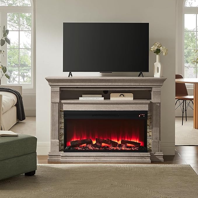 OKD 52 Inch Electric Fireplace with Mantel, Fireplace TV Stand with 36" 3-Sided Glass Electric Fireplace Heater for Living Room (Light Rustic Oak)