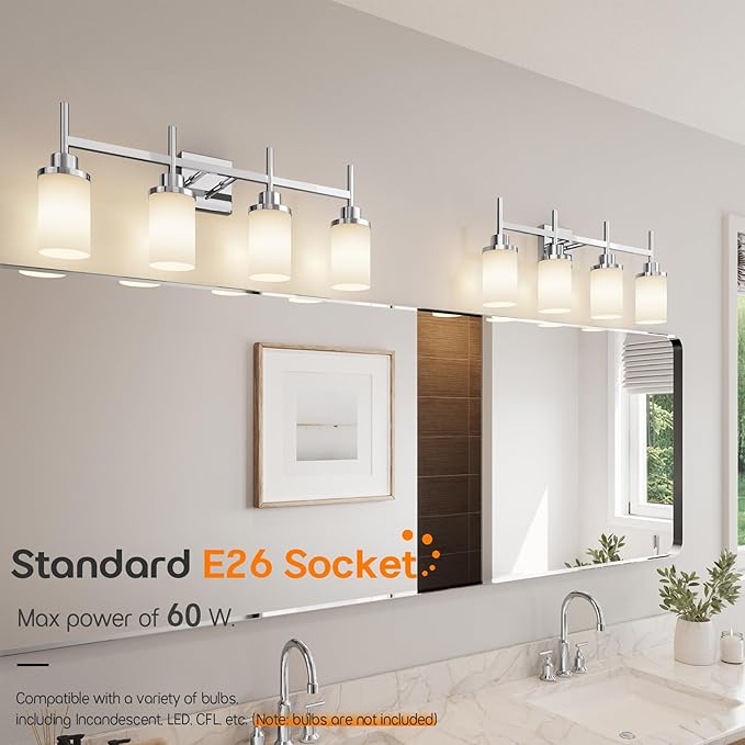 AONEON 4-Light Vanity Lighting Fixtures with White Frosted Glass Shade, Polished Chrome Bathroom Wall Lamps Over Mirror for Bath Restroom Kitchen T001CH-L4