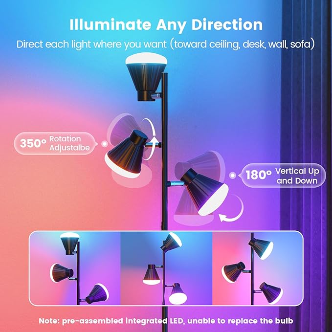 SIBRILLE RGB Floor Lamp, 36W LED Dimmable Standing Lamp with 3 Swivel Lights, Color Changing Tall Lamp with Remote, Stepless Dimmable Modern Floor Lamps for Living Room, Bedroom, Gaming Room,Office