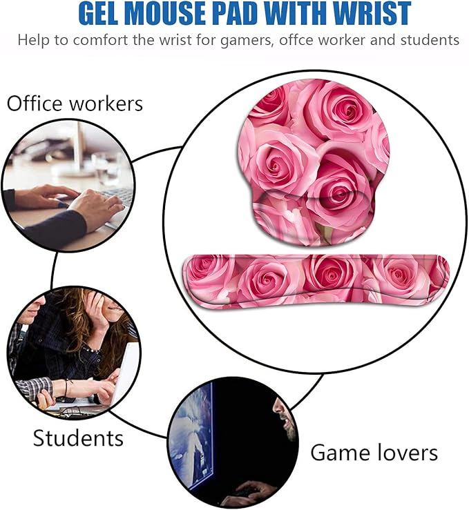 Keyboard Wrist Rest and Mouse Pad Wrist Support Set with Coasters, Non-Slip PU Base Ergonomic Gaming Mousepad for Home Office Working Studying Easy Typing & Pain Relief, Pink Roses