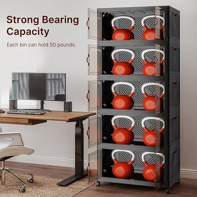 Extra Large Stackable Storage Bins with Lids & Wheels, 275QT-55QT/14GAL*5Pack Foldable Collapsible Closet Organizers Dark Storage Cabinet with Doors for Bedroom Dorm
