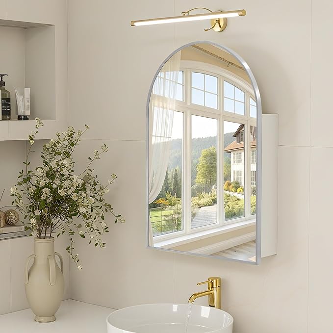 Arched Medicine Cabinet with Mirror,Silver Bathroom Mirrored Medicine Cabinet Organizer,Bath Vanity Mirror with Storage,Aluminum Wall Mount with Adjustable Shelves,20 x30 inch