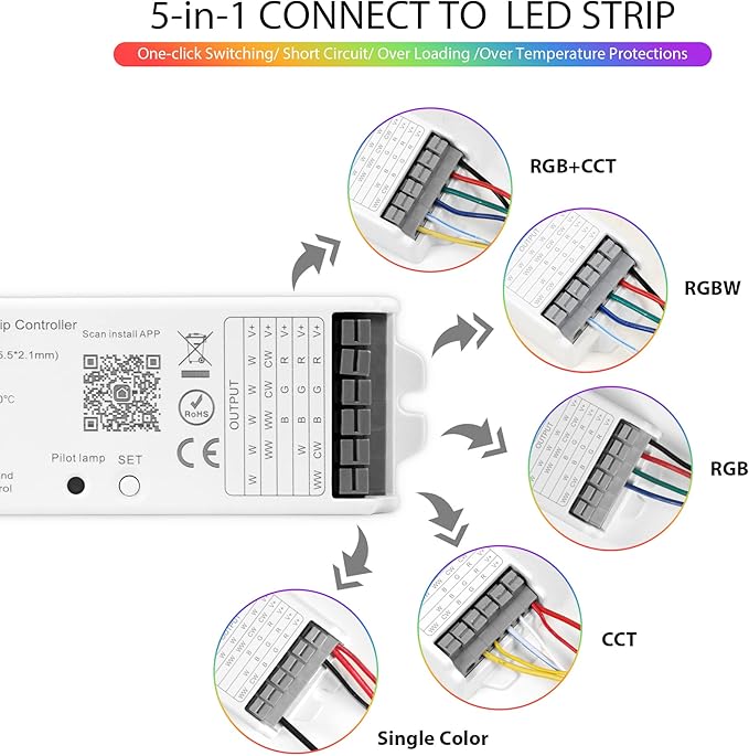 XXK LM053 Bluetooth Mesh 4.2 LED Strip Controller RGB CCT RGBW 5in1 Dimmable Compatible with Smart Life APP/Alexa Echo/Google Assistant Home/Siri, DC12-24V Lights Controller
