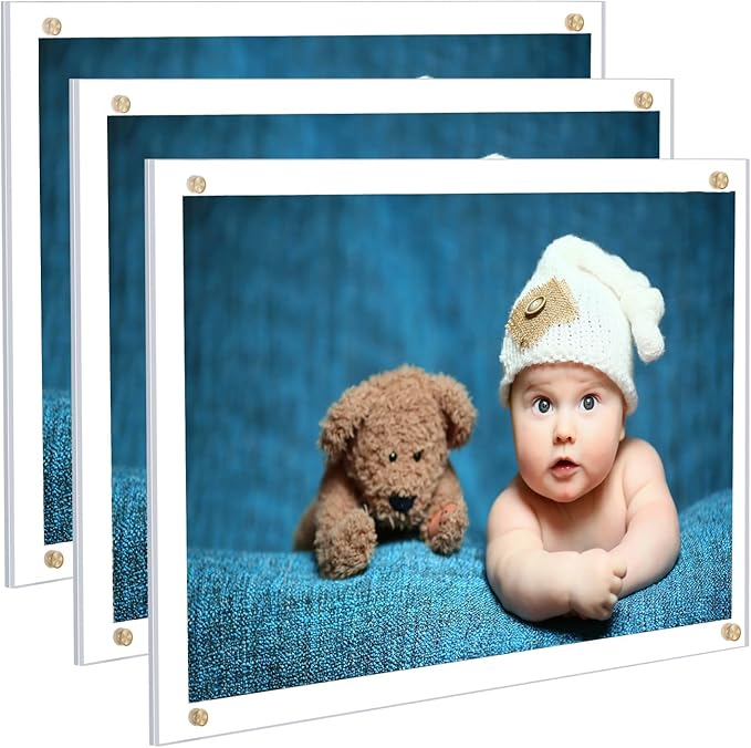 Kalami 3 Pack 8x10 Picture Frame Wall Mount Self Adhesive, Clear Acrylic No Drill Floating Frameless Poster Frame for Office Photo Canvas Document Gallery, Full Frame Size 10x11