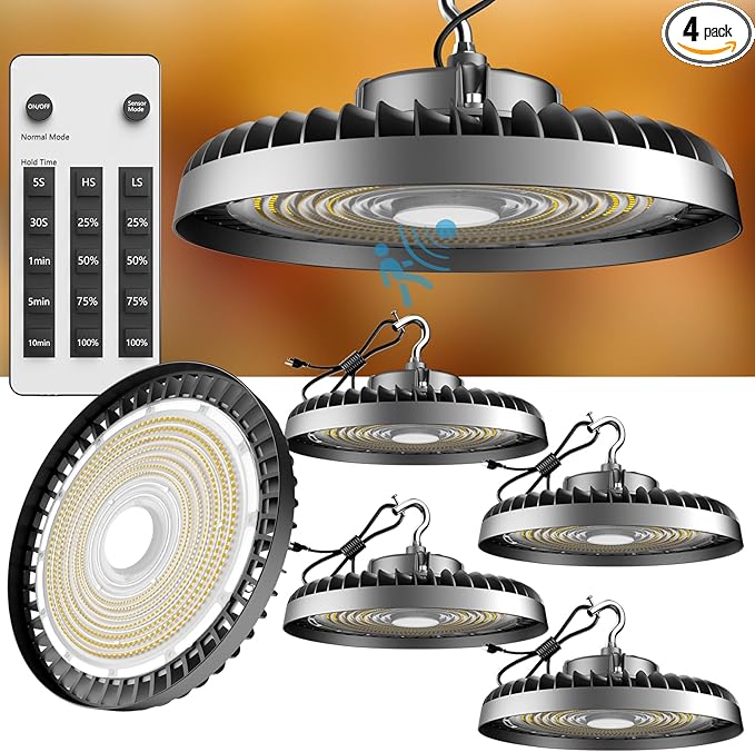 Smart 300W LED High Bay Light 45000LM 5000K UFO High Bay Lighting Motion Activated High Bay LED Lights AC100-277V Plug UFO Lights (Remote Included)- 4Pack