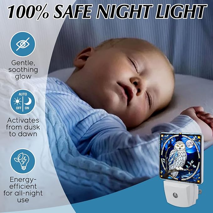 PODMemory Owl Stained Glass Night Lights Plug into Wall for Room, Owl Night Light LED for Bedroom
