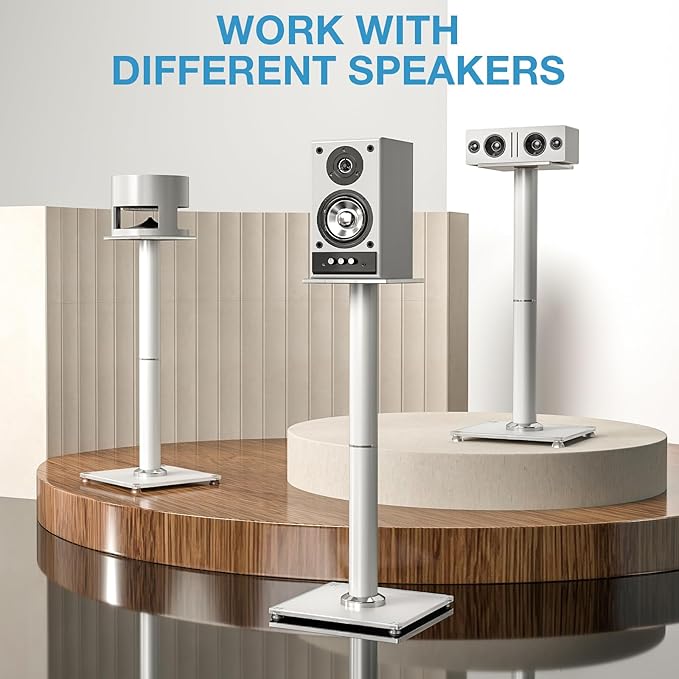 YOMT Universal Speaker Stands Pair for Surround Sound, 28 Inch Floor Speaker Stands with Cable Management Holds 22lbs Bookshelf Speaker Satellite Speaker, 1 Pair, White