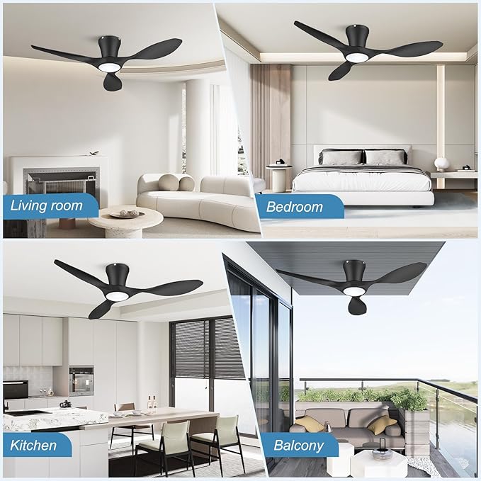 ocioc 42 inch Ceiling Fans with Lights and Remote, Dimmable Ceiling Fans with Reversible Quiet DC Motor, Flush Mount, 3CCT, Black Ceiling Fan for Bedroom Living Room Indoor/Outdoor