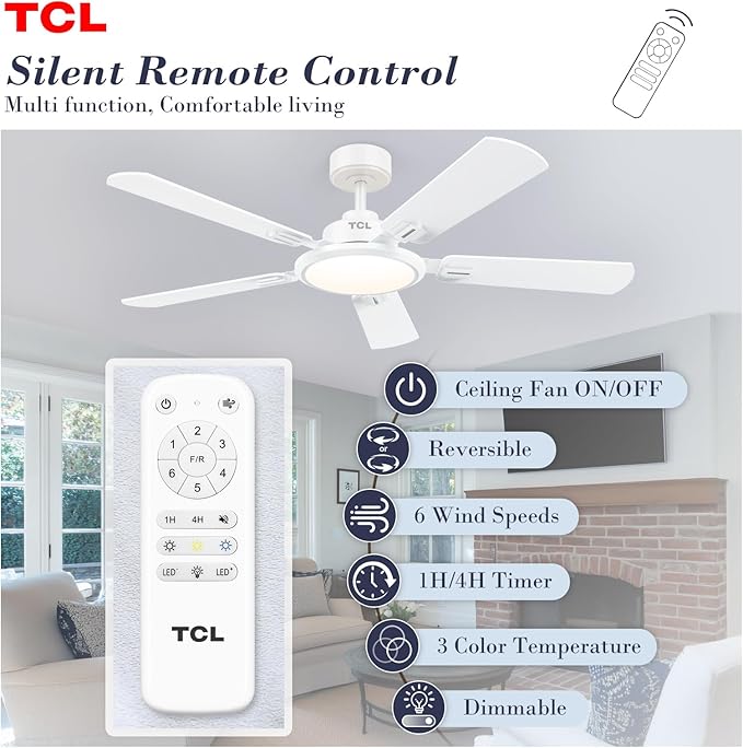 TCL Ceiling Fans with Lights, 52 Inch Ceiling Fan with Light and Remote Control, Reversible DC Motor, Noiseless, Dimmable 36W LED, Modern Ceiling Fan for Bedroom Living Room (White)