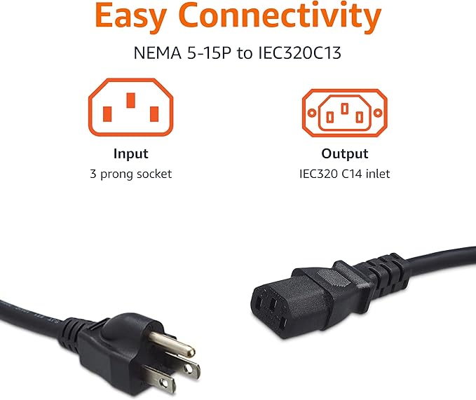 Amazon Basics PC Power Cord, 6 feet, 5-Pack, AC Power Cord for Monitor, Computer, TV, 3 Prong, 18 AWG, 125 Volts, Black