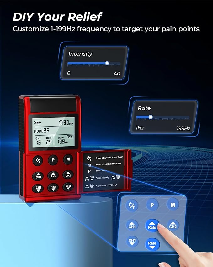 KingPavonini 4-IN-1 TENS Unit Muscle Stimulator, DIY & TENS & EMS & MASS, Dual-Channel 40 Intensities TENS Machine, Muscle Stimulator for Pain Relief Therapy Sciatica Back Pain, 12 Pads (Model: B2501)