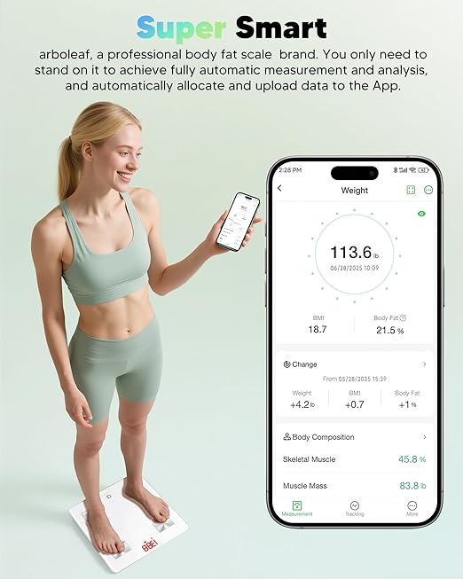arboleaf Smart Scale for Body Weight and Fat, Bluetooth Digital Bathroom Scale, Body Composition Analyzer with App, 14 Metrics Include BMI, 400lb Capacity(White)