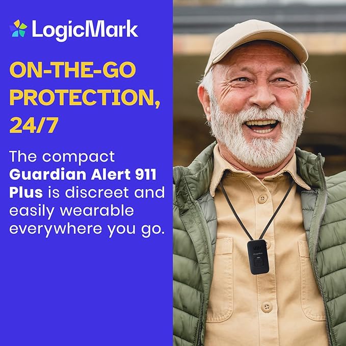 LogicMark Guardian Alert 911 Plus – No Monthly Fees, 2-Way Emergency Pendant for Seniors, with Fall Detection, Water Resistant, Direct 911 Connection Without a Landline