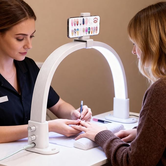 Half Moon Light for Nail Desk, Portable Nail Light for Desk with Phone Holder, Stepless Adjustment of Brightness and Color Temperature, Desk Lamp for Nail Tech, Eyelash, Tattoo, Makeup (White)