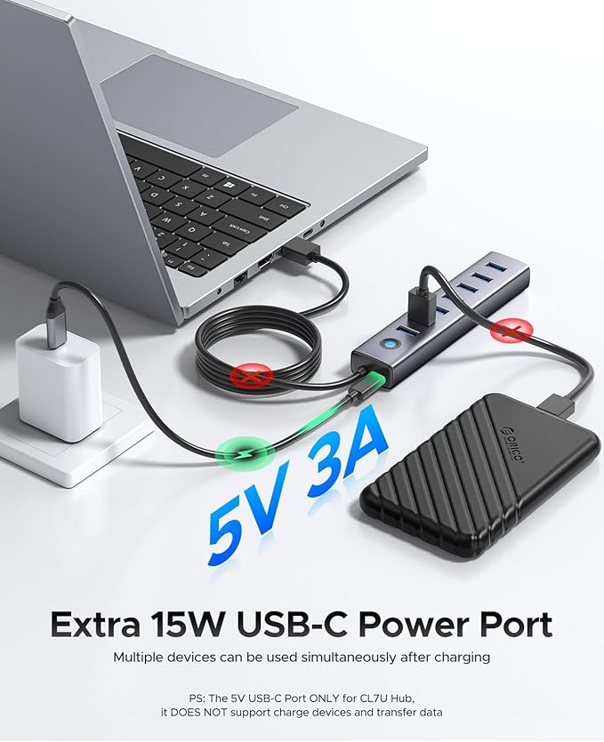 ORICO 7-Port USB 3.0 Hub, Aluminum USB Multiple Adapter, 5Gbps USB Extender USB Splitter with 6Ft Cable, UBS-A Hub Long Cable for Desktop, PC, Flash Drive, Mobile HDD, Windows/XPS