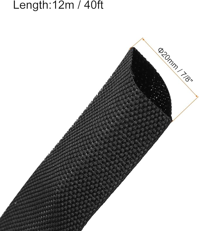 MECCANIXITY Braided Cable Sleeves Heat Shrinkable Fabric Sleeving, 7/8" 40ft Black 2:1 Ratio Heat Shrinkable Cord Protector for Harness Cable, Network Cable Protection, Cable Management