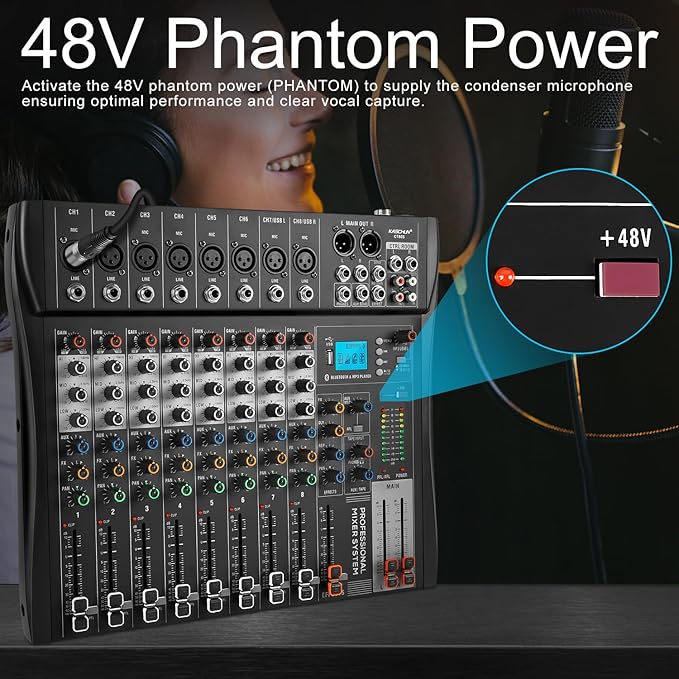8 Channel Professional Audio Mixer with 48V Phantom Power, USB Audio Interface, Bluetooth & MP3 Player, Sound Board for Podcast, Home Studio, Live Streaming & Recording
