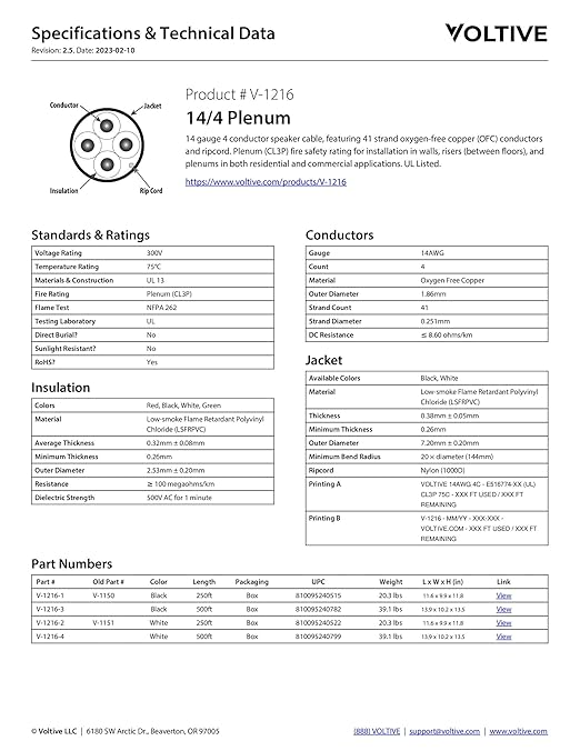 Voltive 14/4 Speaker Wire, Plenum CL3P, Black, 250ft - 14AWG, 4 Conductors, Stranded Oxygen-Free Copper, UL Listed - V-1216-1